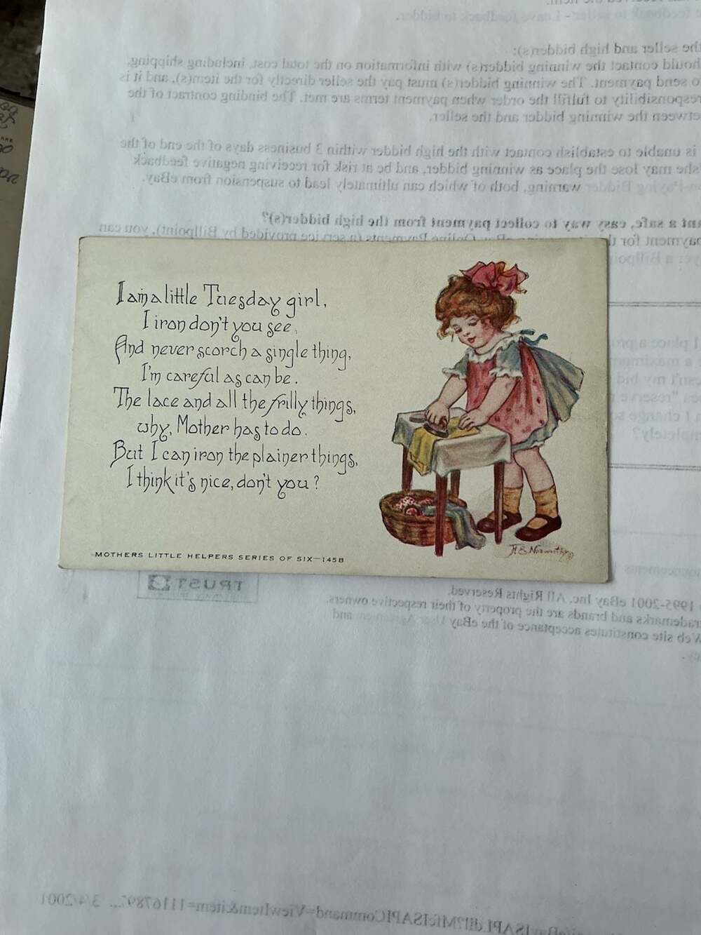 Vintage Mother's Little Helpers Series 145B I Am A Little Tuesday Girl Postcard